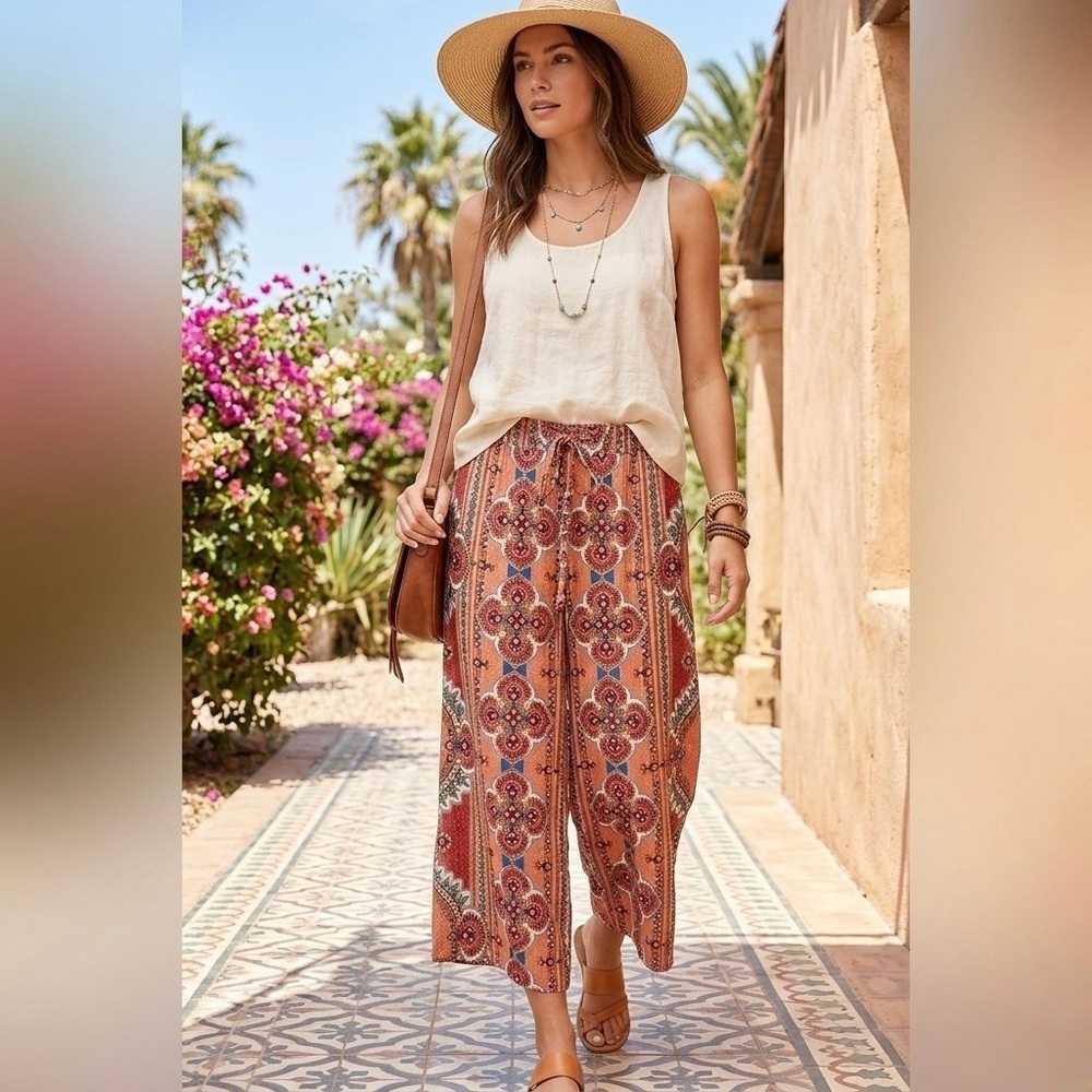 Blue Rain Boho Medallion Wide Leg Cropped Pants Flowy Festival Vibe Size Medium